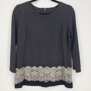 3/$25 Talbots Polka Dot Top S Lace Print Trim‎ Stretch Black
